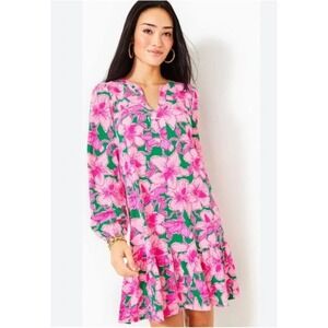 Lilly Pulitzer Alyssa Hibis Kiss Print Long Sleeve Dress‎ Pink Vacation Small
